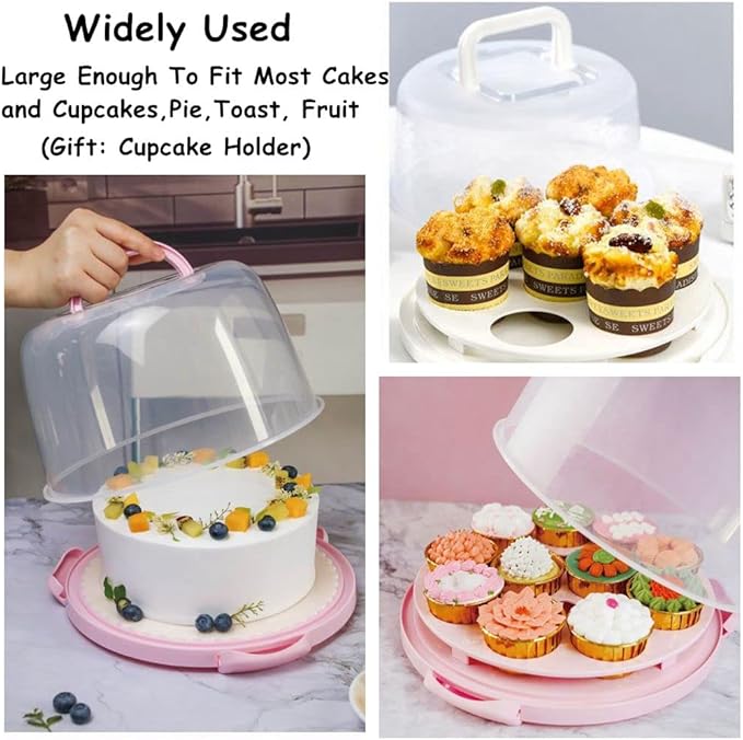 Cake Carrier Round Cake Stand Plus Height Cake Container with Cupcakes Pad, Handle, Lid Reusable Package Box for Transporting Desserts,Pie,Toast,Fruit