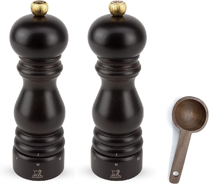 Peugeot Paris u'Select 6 Setting Manual beechwood Salt & Pepper Mill Set With Wooden Spice Scoop Made In France (Chocolate, 7- Inch)