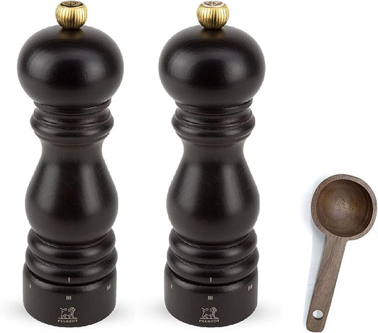 Peugeot Paris u'Select 6 Setting Manual beechwood Salt & Pepper Mill Set With Wooden Spice Scoop Made In France (Chocolate, 7- Inch)
