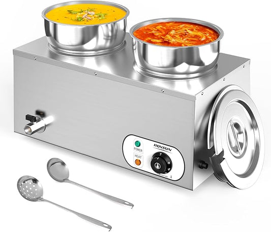 ROVSUN Electric Soup Warmer, 15QT Commercial Food Warmer Steam Table, Countertop Bain Marie with Dual 7.4QT Pots, 86~185°F Adjustable Temperature, Lid and Tap for Buffet Restaurant 1200W