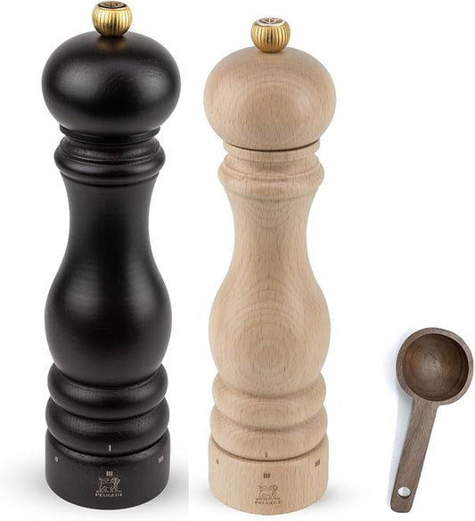 Peugeot Paris u'Select 6 Setting Manual beechwood Zirlion Salt & Pepper Mill Set With Wooden Spice Scoop Made In France (Chocolate & Natural, 9- Inch)
