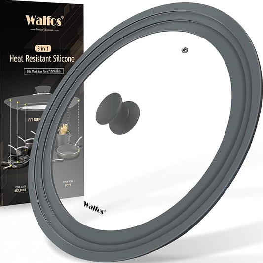 Universal Lid for Pots, Pans and Skillets - Walfos Tempered Glass Pan Lid with Heat Resistant Silicone Rim, BPA Free Large Pot Lids Fits 9.5", 10" and 11" Diameter Cookware, Dishwasher-Safe, Grey