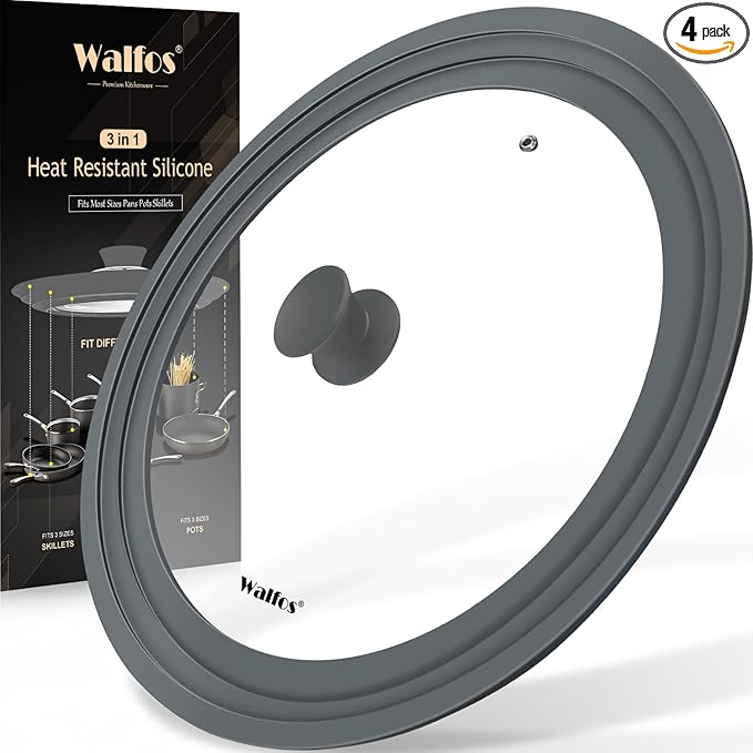 Walfos Universal Lid for 10.5", 11.5" and 12" Diameter Cookware, Fits Pots, Pans and Skillets - Walfos Tempered Glass Pan Lid with Heat Resistant Silicone Rim, BPA Free Pot Lids, Dishwasher-Safe, Gray