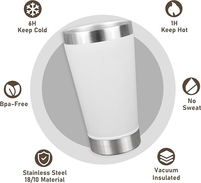 16 oz Insulated Beer Glasses Set of 6, Stacking Beer Pint Glass, Beer Tumbler Outdoor, Stainless Steel Double Walled Cup, White, Ideal for Wine Lover, Coffee, Cocktail