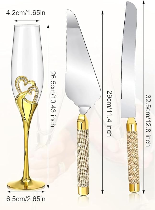 Elegant Wedding Champagne Flutes and Cake Knife Set, Features Rhinestone Rimmed Toasting Glasses and Cake Cutting Server for Couple’s Special Day (Silver) (Gold)
