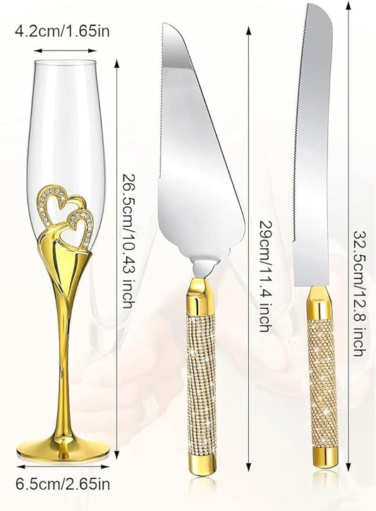 Elegant Wedding Champagne Flutes and Cake Knife Set, Features Rhinestone Rimmed Toasting Glasses and Cake Cutting Server for Couple’s Special Day (Silver) (Gold)