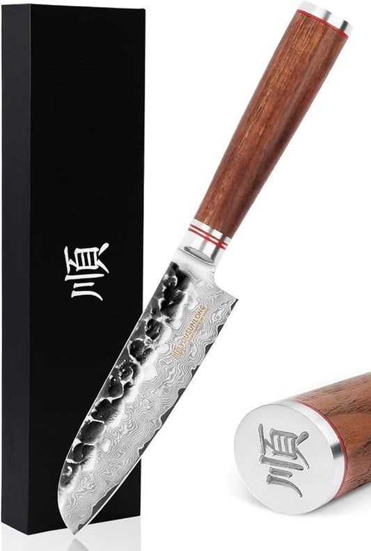 YOUSUNLONG Santoku Knife Chef Knife 5 Inch Asian Knife Japanese Hammered Damascus Steel Ultra Sharp Blade Natural Walnut Wooden Handle