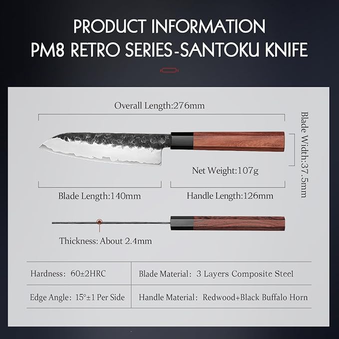 HEZHEN 5.5 Inches Santoku Knife, Three-layer Clad Steel, Professional small Japanese Chef Knife, Ultra Sharp Blade, Red Wood Octagonal Handle