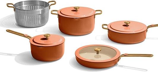Our Place Essential Cookware Set – 11-Piece Ceramic Nonstick Set with 25cm Frypan, Saucepan, Saute Pan, Stock Pot, Storage Racks and Strainer with Thermakind™ | Oven Safe up to 230°C | Terracotta