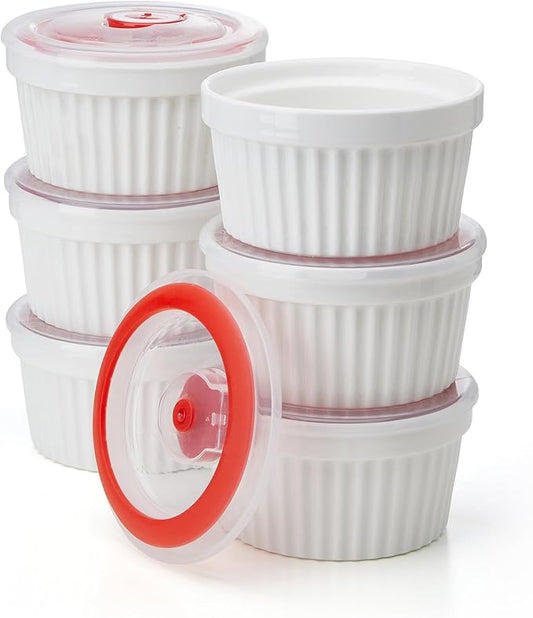 Sweese 6-Pack 8 oz Porcelain Ramekins with Lids, White Souffle Dishes for Baking, Creme Brulee Cups, Oven-Friendly Pudding Custard Bowls – Versatile Kitchen Essentials for Baking and Storing