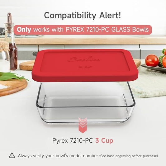 Sophico 3 Cup Rectangle Silicone Storage Cover Lids Replacement for Pyrex 7210-PC Glass Bowls, Container not Included (RED, 2 Pack)