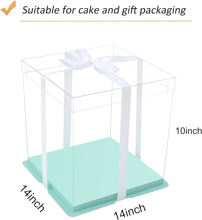 XININSUN 14x14x12inch clear cake box with ribbon,12inch14inch tall cake boxes for tiered cakes,layer cake carrier,disposable cake containers,ideal for wedding birthday party and gift display-Green