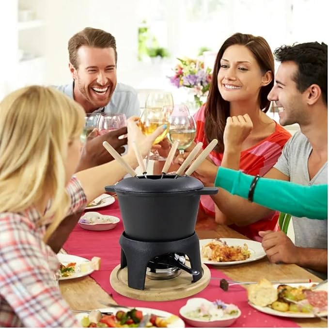 Traditional Fondue Set Matte black enameled cast iron fondue for Taditional swiss fondue 12 pcs fondue pot. for Meat, Chocolate & Cheese, Cast Iron Chocolate Fondue Pot 6 Pers Iron cast iron pot