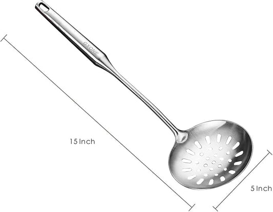 Skimmer Slotted Spoon,304 Stainless Steel Slotted Spoon, Handle Mesh Food Strainer Stainless Steel Colander with Hollow Handle Heat Resistant Cooking Tool,Silver/15.1Inch