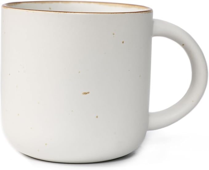 Stoneware White Coffee Mug, 12oz, Speckled Design, Rustic Brown Rim, Handmade