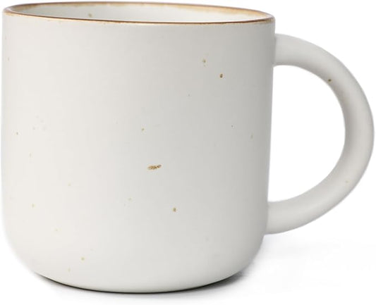 Stoneware White Coffee Mug, 12oz, Speckled Design, Rustic Brown Rim, Handmade