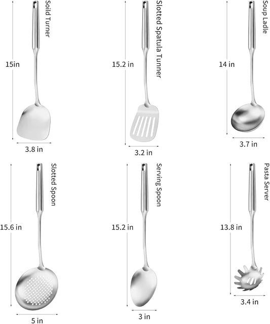304 Stainless Steel Cooking Utensil,Kitchen Kitchen Utensil with Spatula, Solid Spoon, Ladle, Skimmer, Spaghetti Spoon, 6 Piece Set, Dishwasher Safe