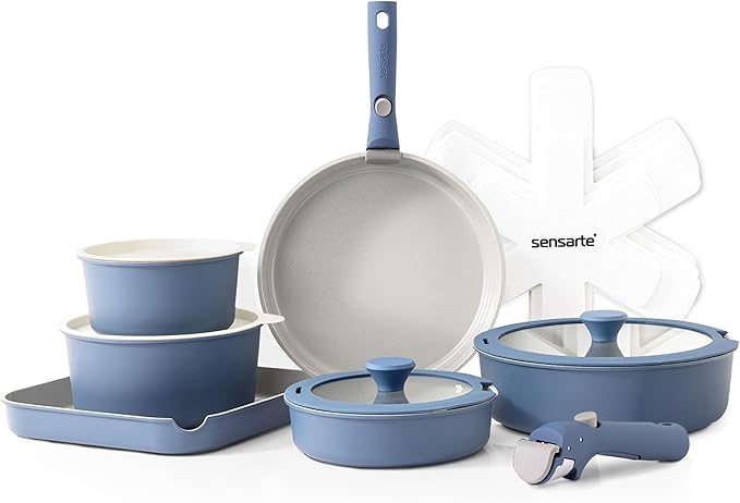 SENSARTE 17 Piece Ceramic Pots and Pans Set, Nonstick Detachable Handle Cookware, Induction Kitchen Cookware Set with Removable Handle, Dishwasher & Oven Safe (Navy)