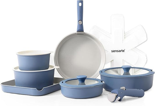 SENSARTE 17 Piece Ceramic Pots and Pans Set, Nonstick Detachable Handle Cookware, Induction Kitchen Cookware Set with Removable Handle, Dishwasher & Oven Safe (Navy)