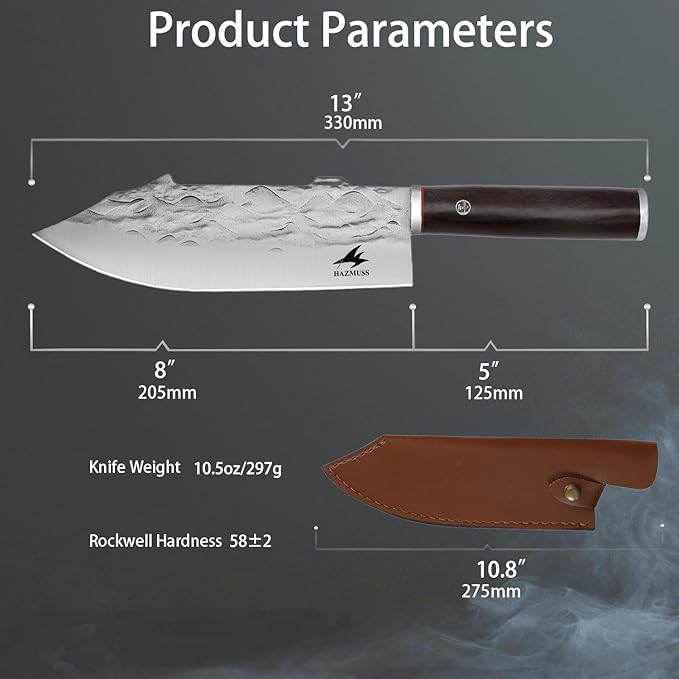 Professional Forged Butcher Knife, Sharp 8-inch High Carbon Stainless Steel Blade for Meat-Cleavers, Ash Wood Handle, with Leather Sheath Great for Home, Camping, BBQ