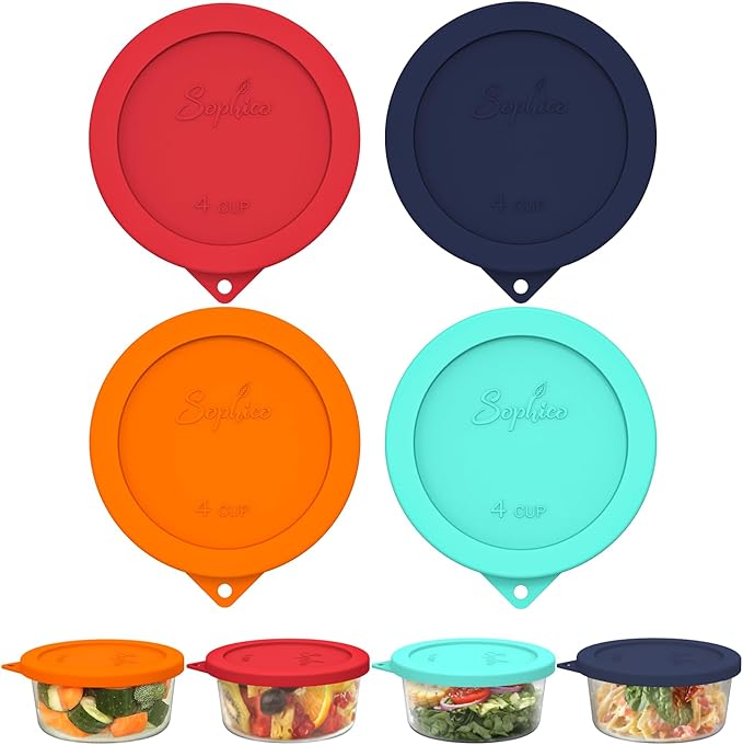 Sophico 4 Cup Round Silicone Storage Cover Lids Replacement for Anchor Hocking and Pyrex 7201-PC Glass Bowls (Container not Included) (Mix) 4 Pack