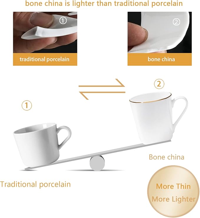 10 Oz White Bone China Coffee Mugs,Porcelain Tea Cups Ceramic Lightweight Set of 6, Luxury Mugs with Gold Trim for Espresso, Hot Cocoa, Cappuccino, Latte and Cold Drinks, Microwave Safe