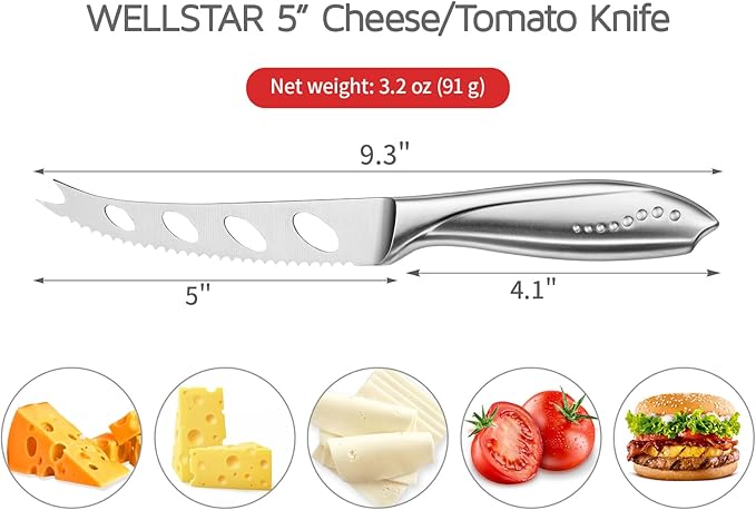 WELLSTAR Cheese Knife, Serrated Tomato Knife 5 Inch Sharp High Carbon Stainless Steel Blade for Cutting All Cheese Types – Silver