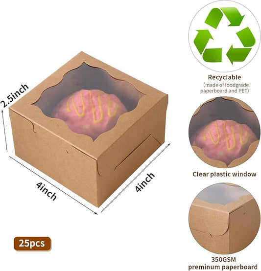 25pcs Brown Small Cake Box,4x4x2.5 Inch Bakery Boxes with Window,gift boxes bulk for Mini Cake Pastry Dessert Strawberries Chocolates Cupcakes with Stickers