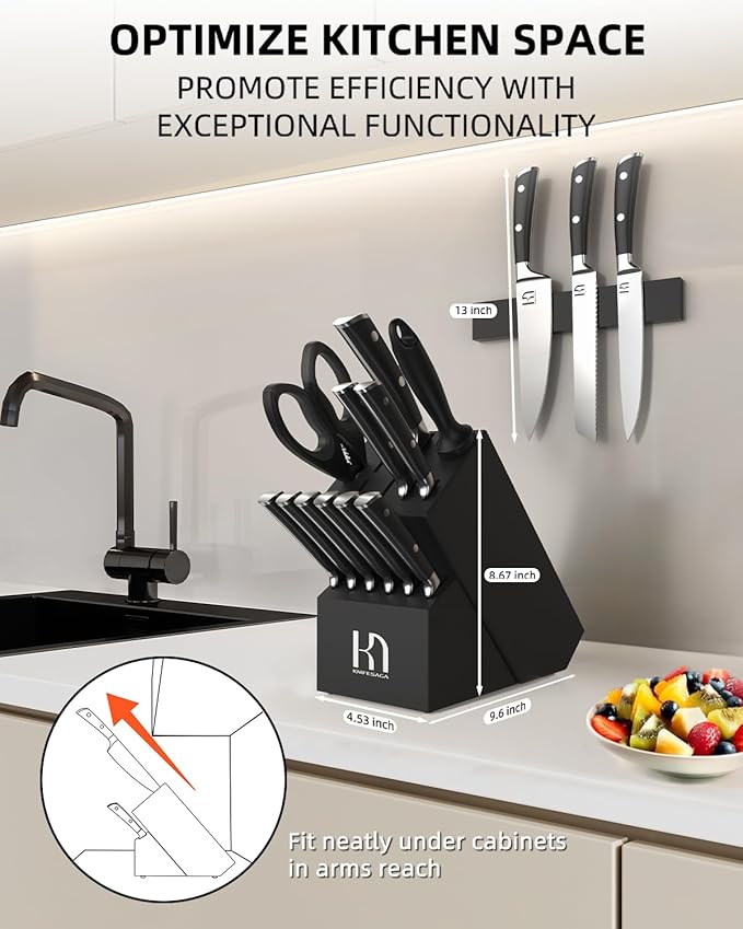2025 Knife Set 15 Pcs Japanese High Carbon Stainless Steel Kitchen Knife Sets with Block & Sharpener, Premium Razor-Sharp Black Knives Block Set for Kitchen, Ergonomic Full-Tang Handle