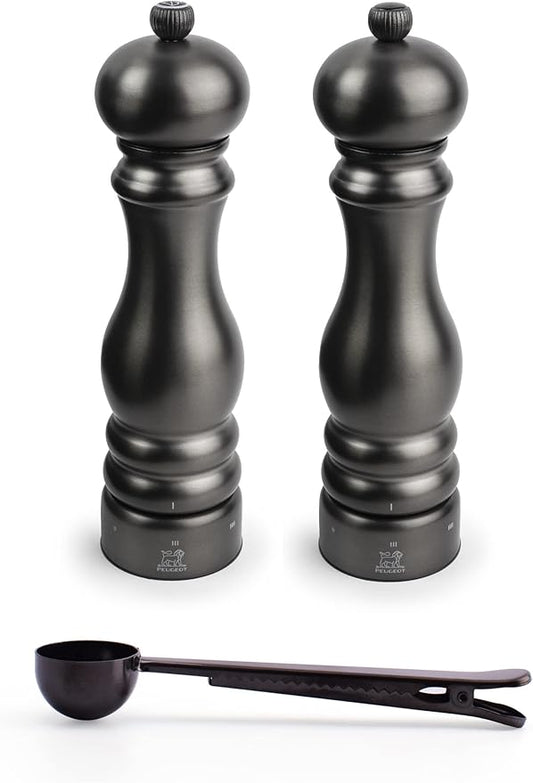 Peugeot Paris u'Select 6 Setting Manual Salt & Pepper Mill Set With Black Stainless Steel Spice Scoop Made In France (Carbone, 9- Inch)