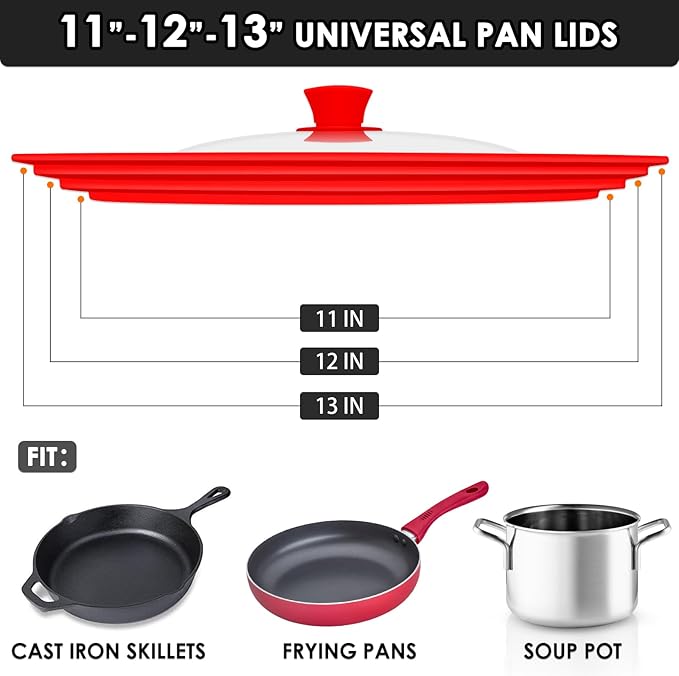 Universal Pan Lids, Silicone Pot lids for Pots, Pans & Skillets - Fits 11", 12" & 13" Diameter Cookware, Replacement Frying Pan lid, Dishwasher Safe (Red)