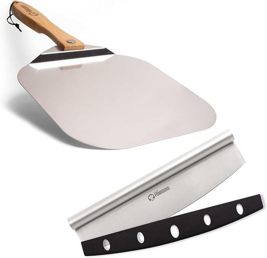 Chef Pomodoro Aluminum Metal Pizza Peel with Foldable Wood Handle for Easy Storage, Pizza Spatula, Gourmet Luxury Pizza Paddle for Baking Homemade Pizza Bread (12 x 14 inch + 14 inch Cutter)