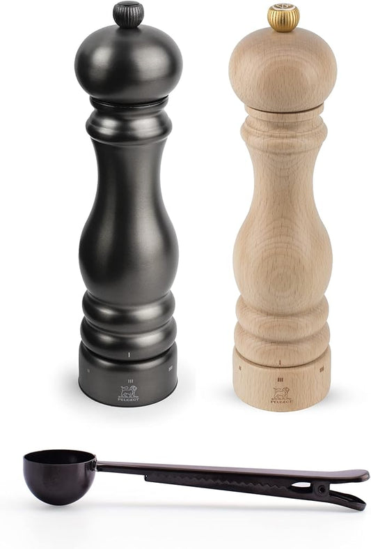 Peugeot Paris Chef Carbone u'Select Stainless Steel 22cm 9 inch Carbon Finish Pepper Mill w/Natural Wood Salt Mill- With Stainless Steel Spice Scoop/Bag Clip