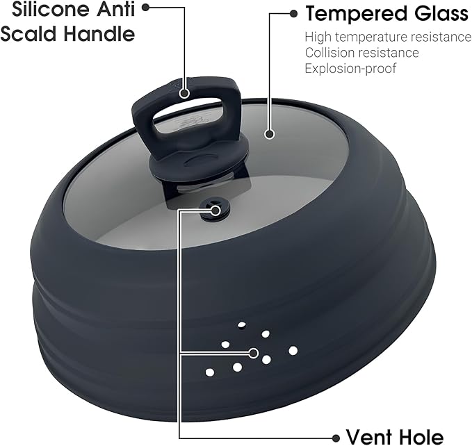 Microwave Splatter Cover Glass 11.8 Inch Microwave Cover for Food with Handle Collapsible Silicone Microwave Cover with Steam Vent for Pot Plate Bowl (Grey)