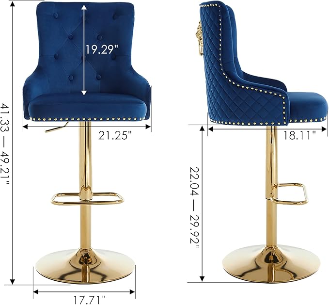Velvet Gold Barstools Set of 2, Modern Counter Height Adjustable Swivel Stools Chairs with High Tufted Backrest Golden Base Lion Pull Ring Diamond Pattern Rivet Trim for Kitchen (Dark Blue)