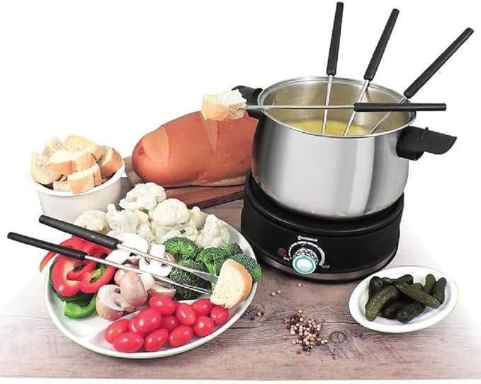 Swissmar Arolla 10 Pieces Stainless Steel Electric Fondue Set - Perfect Fondue Pot Electric Set for Cheese, Caramel, Chocolate, Oil, Broth & More - Gift Ideas for Wedding, House Warming, 2.1 Qt / 2L