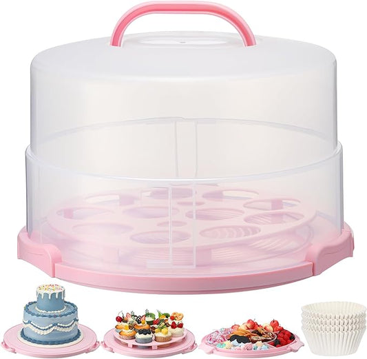 12 Inch Large Cake Carrier with Lid and Handle for 12" Round 7" High Cake Adjustable Plastic Pies Carrier Portable Cupcakes Transport Container for Cookies Pizza and More(Pink)
