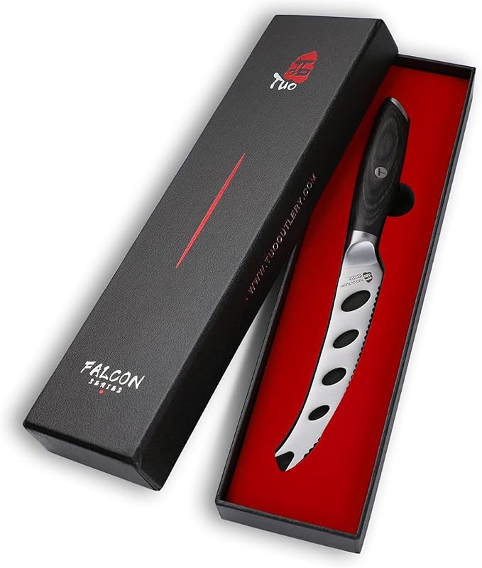TUO Cheese Slicer Knife, 5" Serrated Tomato Knife, with Forked Tip & Non-Stick Blade, High Carbon German Steel, Ergonomic Handle with Gift Box, Falcon Series