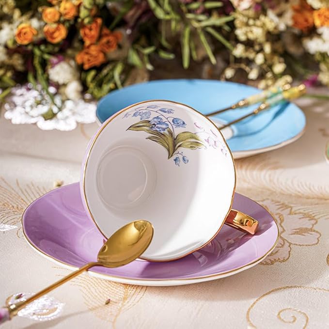 Aynsley Handpainting Colored Glaze Lily of the Valley Corset Fine Bone China English Tea Cup and Saucer Set, 6.1 oz (Purple)