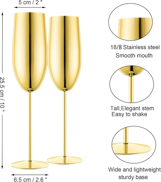 Champagne Glasses Set of 2 Stainless Steel Champagne Flutes Wedding Gifts for Bride 8.5 oz Unbreakable Gold Champagne Glasses for Party Wedding Christmas Anniversary Brithday