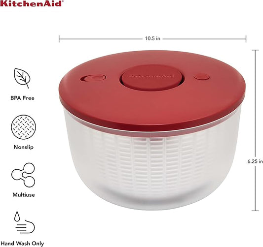 KitchenAid Universal Salad Spinner with Removable Bowl, Colander and One Handed Pump Mechanism, Large Bowl Nests and Features Non Slip Base, 7.43 Quart, Empire Red