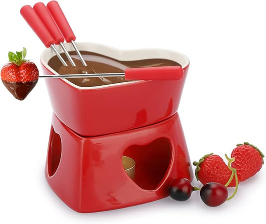 BSTKEY Red Ceramic Butter Warmer Set, Heart Shaped Fondue Pot Melting Pot Set, Melt Hot Pot Bowl Set for Cheese Chocolate Butter Caramel, with 4 Forks