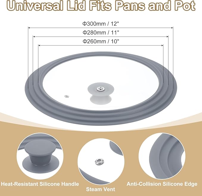 uxcell 1Pcs Universal Lid for Pot Fit 10, 11, 12 Inch Diameter Cookware, Replacement Pan Lids with Heat Resistant Silicone Rim, Steam Vent Pan Lid for Pots, Frying Pans, Skillets, Gray