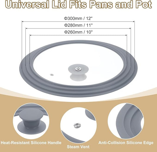 uxcell 1Pcs Universal Lid for Pot Fit 10, 11, 12 Inch Diameter Cookware, Replacement Pan Lids with Heat Resistant Silicone Rim, Steam Vent Pan Lid for Pots, Frying Pans, Skillets, Gray