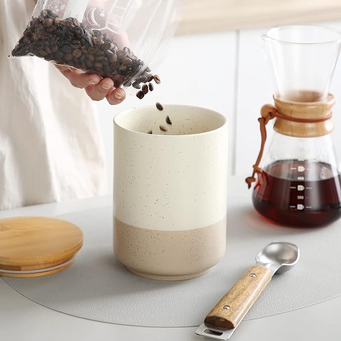 vancasso Sabine Large Ceramic Canister with Airtight Wood Lid - 74 oz Kitchen Food Storage Jar for Flour, Sugar, Coffee, Tea & Spices - Big Capacity Countertop Jar