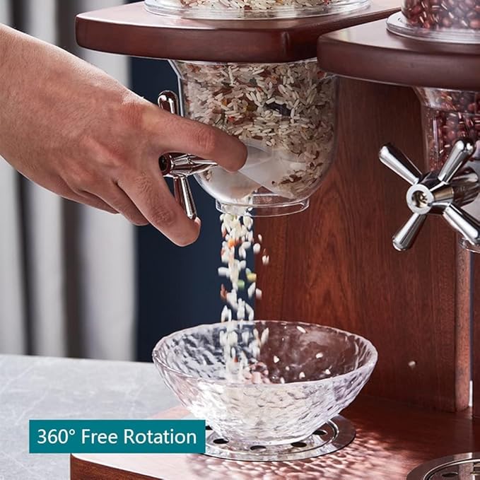10.5L Triple-Head Dry Food Dispenser- Countertop Cereal Storage with PC Barrel & Wooden Base | Ideal for Rice, Candy, Beans & Nuts