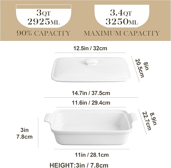 MALACASA 3.4 Quart Baking Dish With Lid, Porcelain Casserole dish with Lid, 13 x 9 Lasagna Pan Deep with Lid, Rectangular Bakeware With Handle, Microwave, Oven Safe, White, Series BAKE