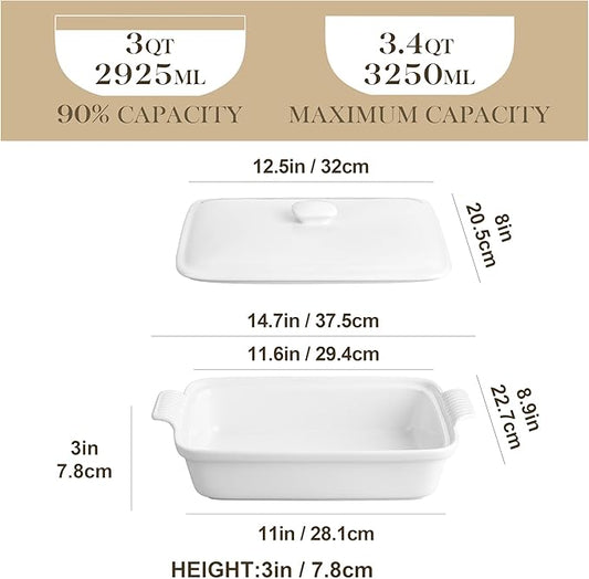 MALACASA 3.4 Quart Baking Dish With Lid, Porcelain Casserole dish with Lid, 13 x 9 Lasagna Pan Deep with Lid, Rectangular Bakeware With Handle, Microwave, Oven Safe, White, Series BAKE