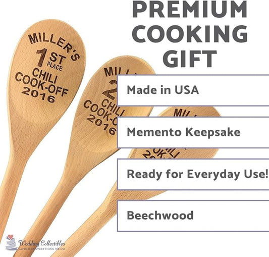 Wedding Collectibles Custom Engraved 14in Chili Cook Off Prizes | Set of 3 Wooden Spoons | Personalized Beech Wood Spoons as Event Chili Cookoff Trophies