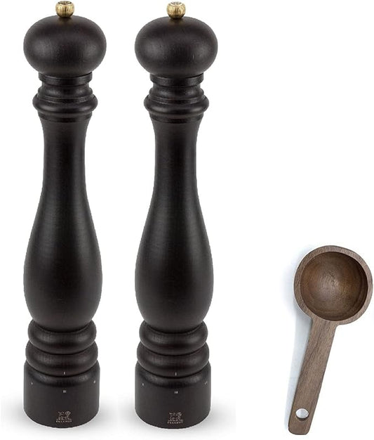 Peugeot Paris u'Select 6 Setting Manual beechwood Salt & Pepper Mill Set With Wooden Spice Scoop Made In France (Chocolate, 16- Inch)